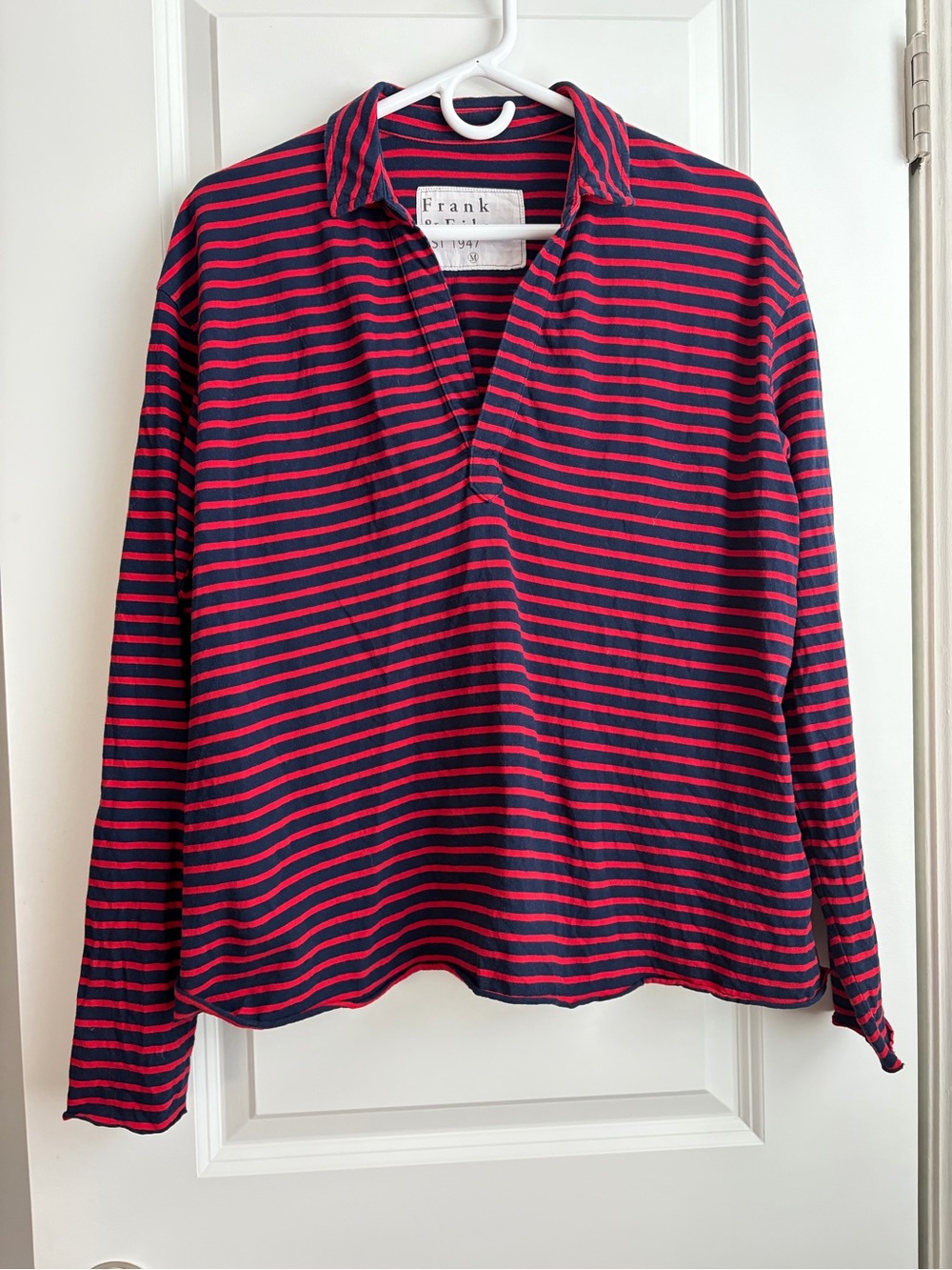 Frank & Eileen Cotton Red and Navy Stripe Long Sleeve Popover Collared Shirt